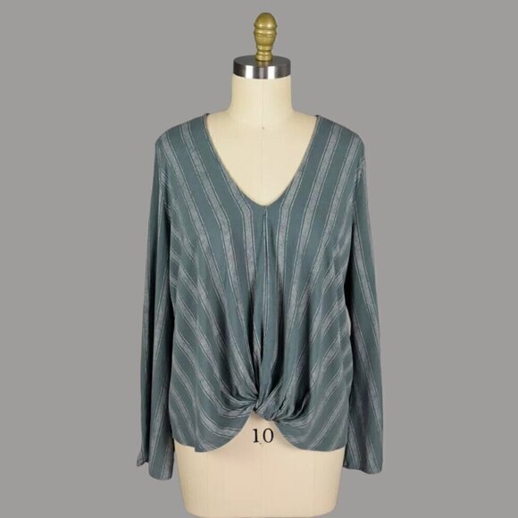 By Together Tops - BY TOGETHER COLLECTION STRIPED TEAL LONG SLEEVE V-NECK BLOUSE